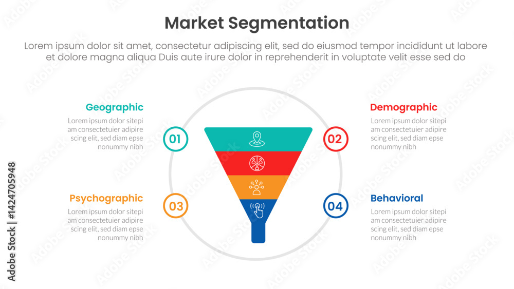 Poster market segmentation framework analysis infographic 4 point stage template with funnel on big circle 