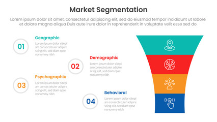 market segmentation framework analysis infographic 4 point stage template with round funnel on right column for slide presentation