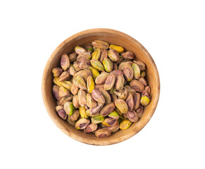 Fried salt pistachio nuts isolated. Baked pistachios pile, roasted green pistache fruits on white