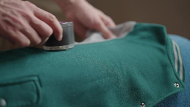 Process of professional lint remove, cleaning green fabric with high-tech electronic device for precise garment maintenance. Close-up of man using lint remover machine to clean clothing, slow motion.