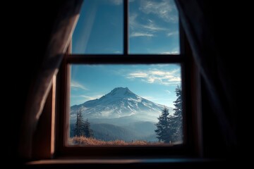 Majestic Mountain View Framed by Rustic Window
