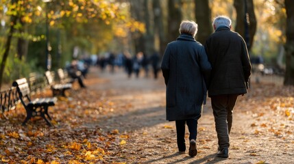 Obraz premium Elderly Couple Walking Hand in Hand Through a Park in Autumn with Fallen Leaves and Soft Lighting