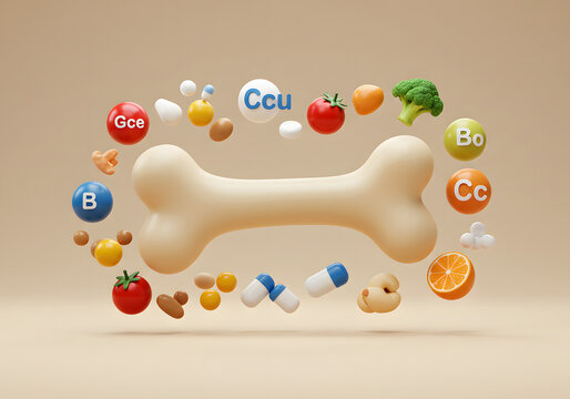 3D Render of a Bone with Supplements and Healthy Food Elements for Dog Health and Nutrition.