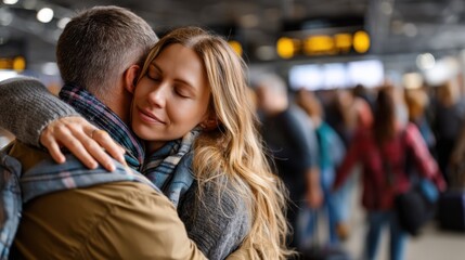 Fototapeta premium Warm embrace of two travelers at busy airport terminal with people in background
