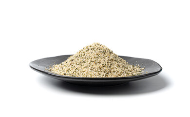 Shelled hemp seeds pile isolated, peeled cannabis grains, marijuana kernels without peel