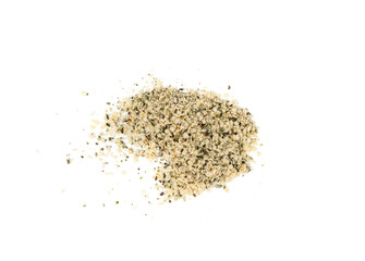 Shelled hemp seeds pile isolated, peeled cannabis grains, marijuana kernels without peel