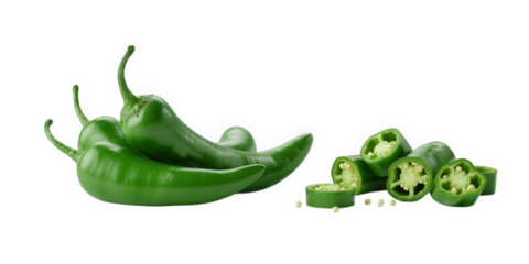 Green peppers on black base  isolated over png transparent background	