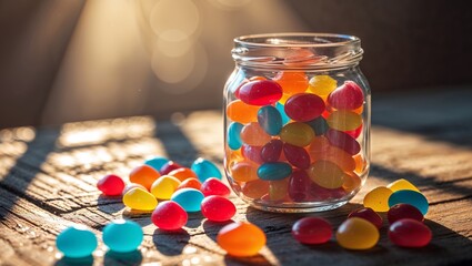 Colorful candy drops in a glass jar bathed in warm sunlight on a wooden table