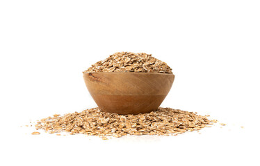 Spelt flakes isolated, dry raw rolled flat oat grains, wheat, oatmeal or bran, barley rye cereals