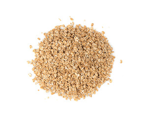 Spelt flakes isolated, dry raw rolled flat oat grains, wheat, oatmeal or bran, barley rye cereals