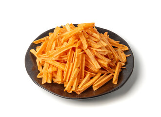 Fried chips sticks isolated, finger potato chips, golden shoestring fries pile, French fries