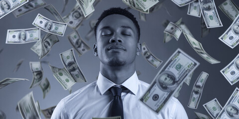 Man in shirt and tie, eyes closed, surrounded by falling dollar bills, symbolizing financial success, wealth, and prosperity