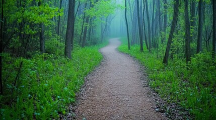 Obraz premium Forest path in early spring with fresh green leaves, misty morning light, peaceful mood, realistic photography 