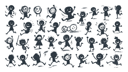 A fun and energetic collection of childlike hand-drawn doodles featuring playful kids in various poses