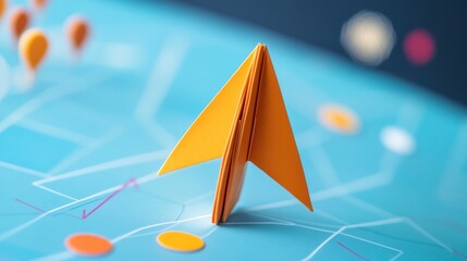 Orange paper airplane pointing upward on a network map.
