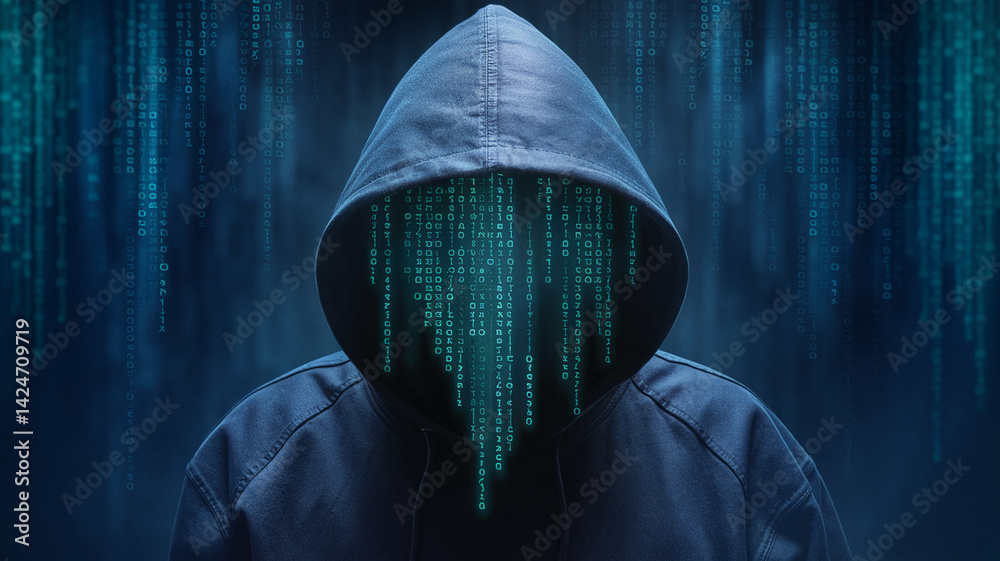 Poster hooded figure obscured by cascading binary code, symbolizing anonymity, hacking, or digital security