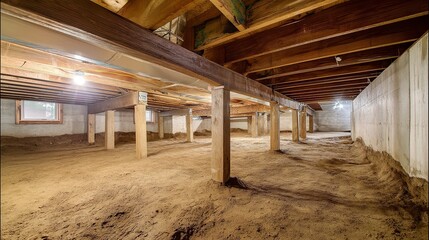 A crawl space with dirt floor wooden beams and support posts under a house with small windows present