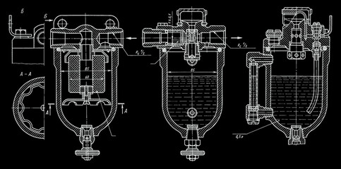 Oil lubrication system, dehumidifier.
Engineering mechanical drawing of 
filter
with dimension lines, cross section. Industrial 
cad scheme on  paper sheet. 
Machine building industry technology.