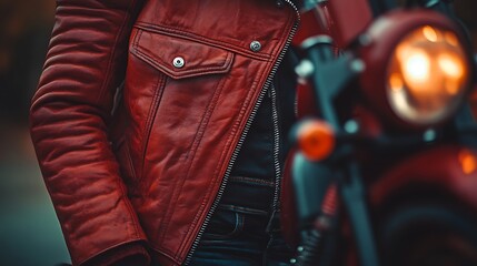 Red leather jacket, motorcycle