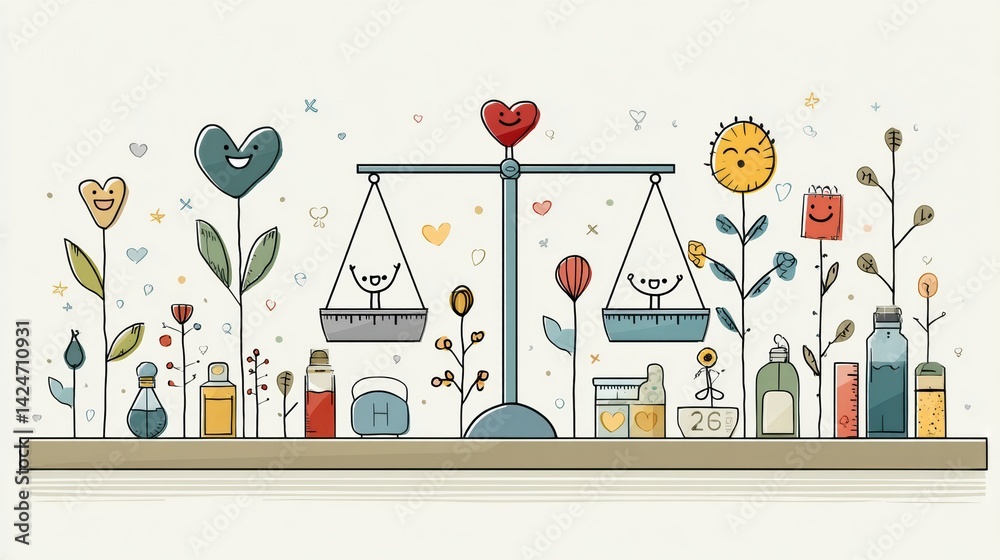 Poster health scale balancing joy and vitality icons among vibrant plants and cheerful elements promotes ov