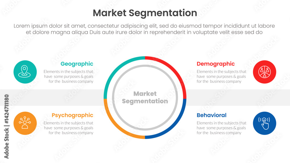 Poster market segmentation framework analysis infographic 4 point stage template with outline circle center