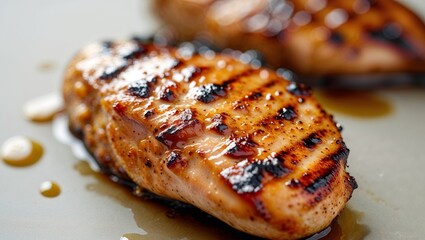 Close up of grilled chicken breasts showing grill marks and glossy glaze delicious meal
