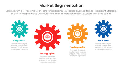 market segmentation framework analysis infographic 4 point stage template with gear shape on horizontal line up and down for slide presentation