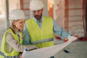 Construction workers reviewing blueprints on site