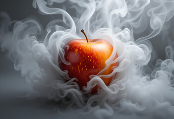 Red Yellow Apple in White and Grey Ink Cloud.