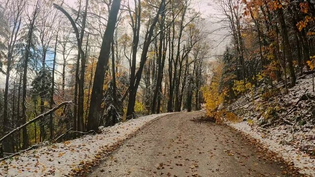 USA, New England, Vermont, 4x4 driving along old CCC (Civilian Conservation Corps) dirt road, running between North Shrewsbury and Route 100. Trees in late fall colors line the snowy road.