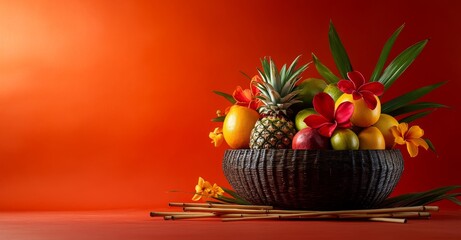 Mexican Tropical Fruit Basket Offers Pineapples, Mangoes, Oranges, and Sugarcane for Creating Vibrant Farm Market Displays and Food Styling Inspiration