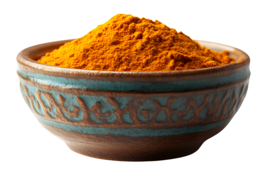 Closeup of orange spice powder in a decorative bowl