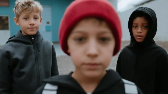 A child covers his face in distress while peers stand in the background, portraying the serious effects of school bullying and the emotional turmoil it causes