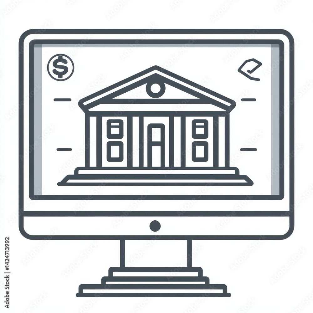 Poster the computer screen features a line art style display of a building structure icon set against a whi