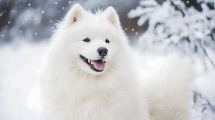 Fototapeta premium Samoyed dog in a winter wonderland