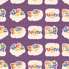 Seamless Pattern Groovy LGBT Rainbow Lettering with Daisy Flower Power on checkered purple Background. Calligraphy quote sticker. LGBTQ community. Trendy Retro nostalgia backdrop. Vector illustration