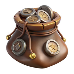 A leather pouch spilling a few silver gold coins with medieval insignia, drawn strings and a weathered look , medieval game 3d icon