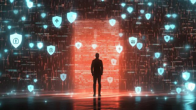 Man facing digital firewall with floating security shields and locks. personal information security concept