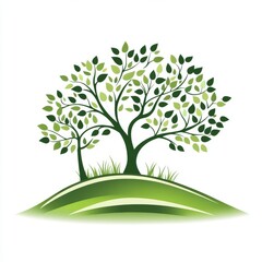 An illustration featuring stylized trees is depicted in various shades of green