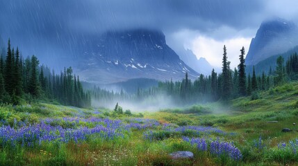 Majestic mountain meadow bathed in misty rain.