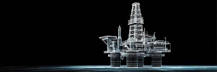 3D Wireframe Model of an Oil Rig Design Displayed Against a Solid Black Background, Showcasing Intricate Details of Offshore Structure and Equipment