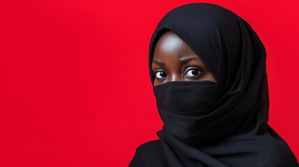 Naklejka premium Portrait of a Young Black Woman Wearing a Black Niqab Against a Vibrant Red Background Studio Shot Fashionable Elegant Mysterious Muslim Culture Religious Headscarf Veiling African Woman Dark Eyes 