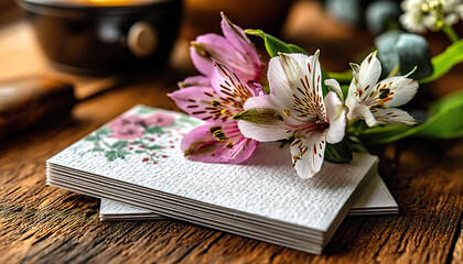 Fototapeta premium Cards with floral illustration and alstroemeria flowers on wooden table with blurred background. Generated with AI