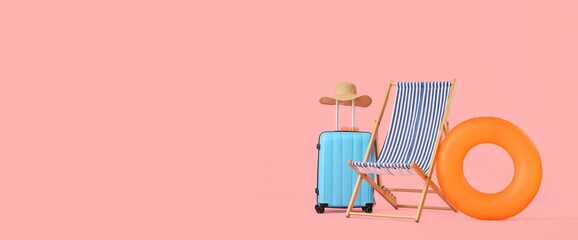 Deck chair, inflatable ring and suitcase on pink background with space for text. Summer vacation concept