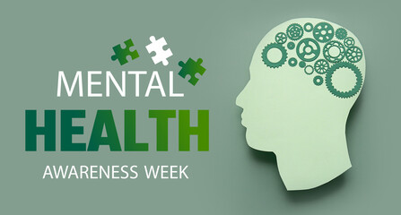Paper human head with gears on green background. Banner for Mental Health Awareness Week
