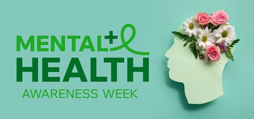 Paper human head with flowers on turquoise background. Banner for Mental Health Awareness Week