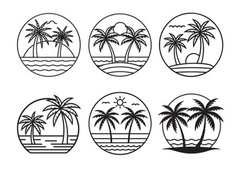 Palm tree silhouettes sign on sun beach, sunset on island, two palm and sun logo icon