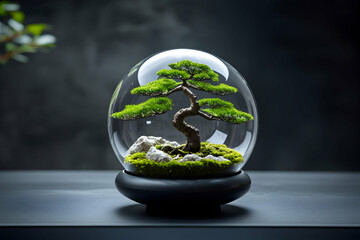 Pristine Snow Globe with Miniature Pine Tree. 