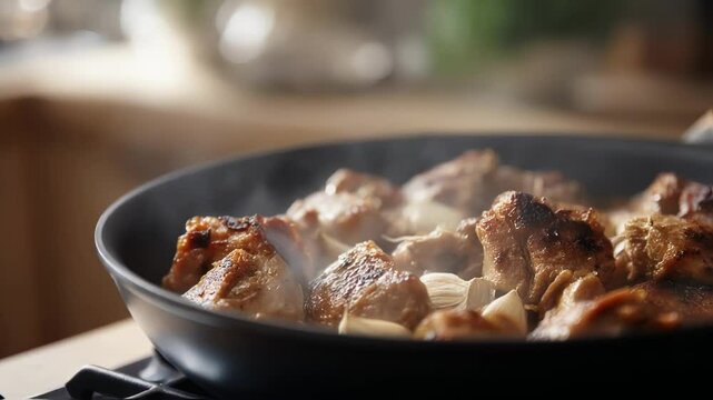 Succulent chicken pieces sizzling in skillet, releasing aromatic garlic infused steam while golden browning in home kitchen environment