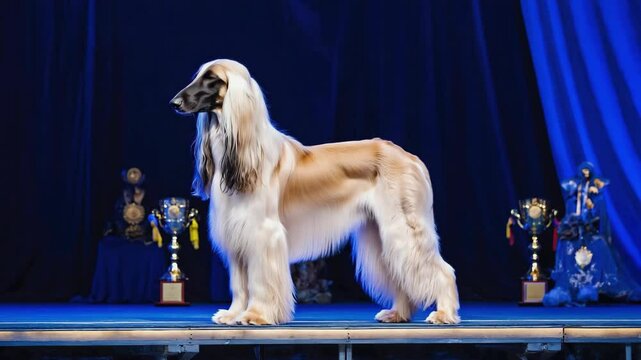 Elegant Afghan hound with long silky coat standing proudly on stage at a dog show with blue draped backdrop and trophies.
